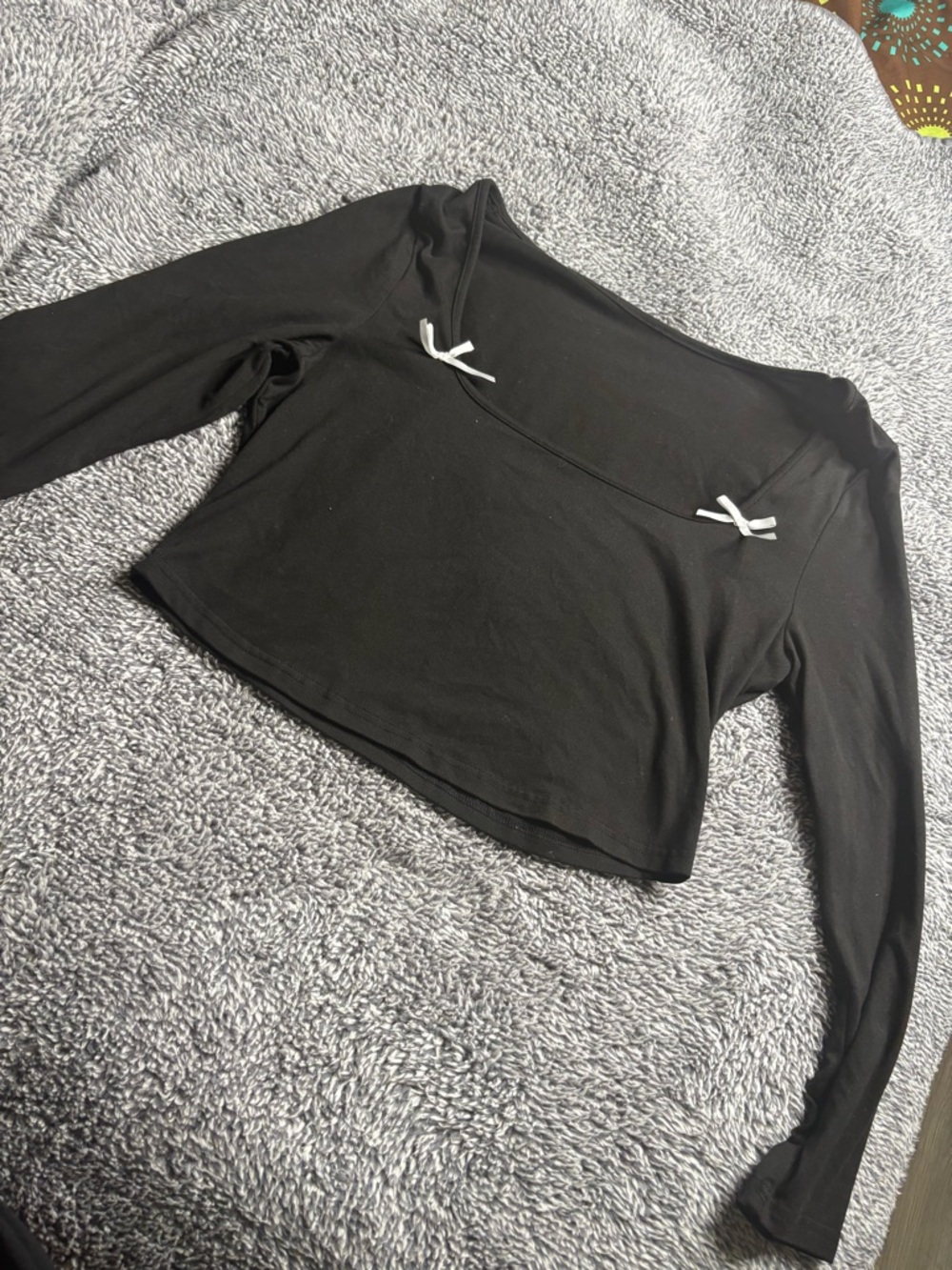 Black Long-Sleeve Cropped Top with Bow Detail